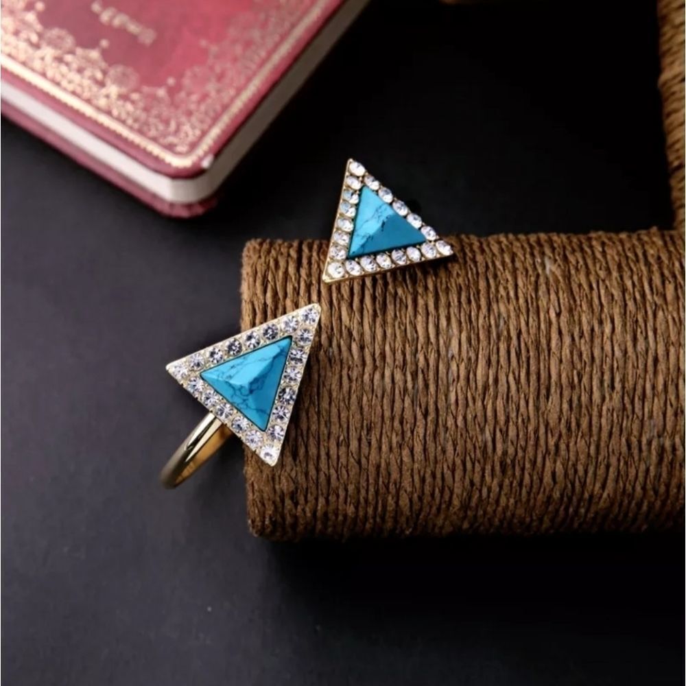 Gold Tone Blue Resin Crystal Open Cuff Charm Bracelet Bangle